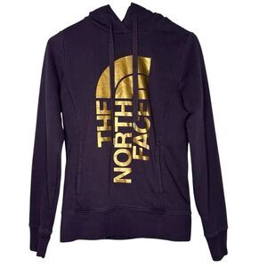 The North Face Dark Purple Hoodie Gold Logo Athleisure Cozy Women's Hoodie Sz XS